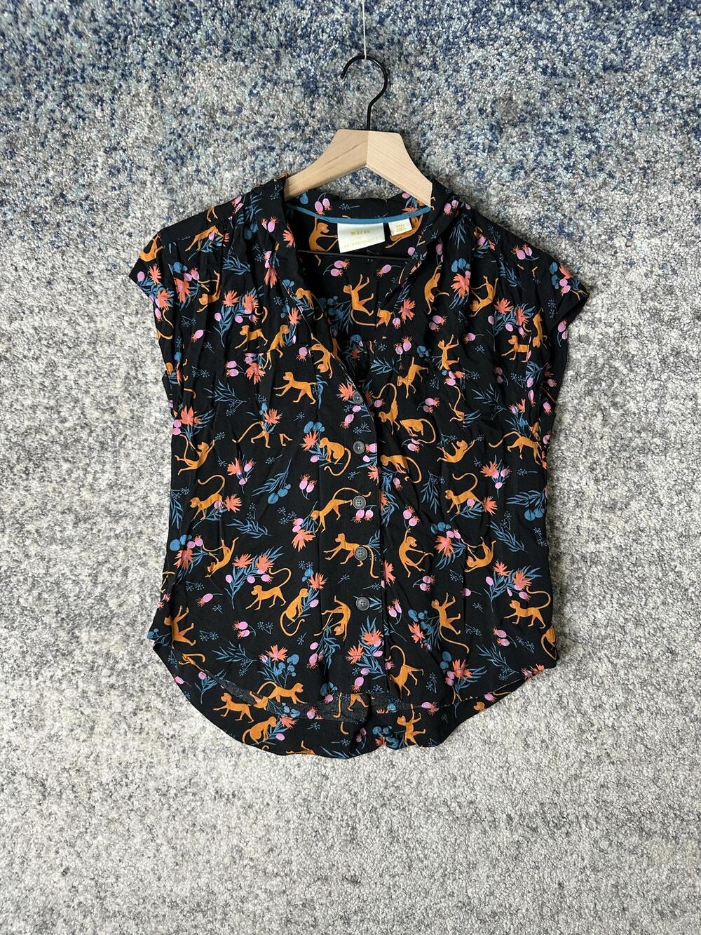 Maeve Blouse Womens XXSP Black Monkey Floral Print Button Front Cap Sleeve Top